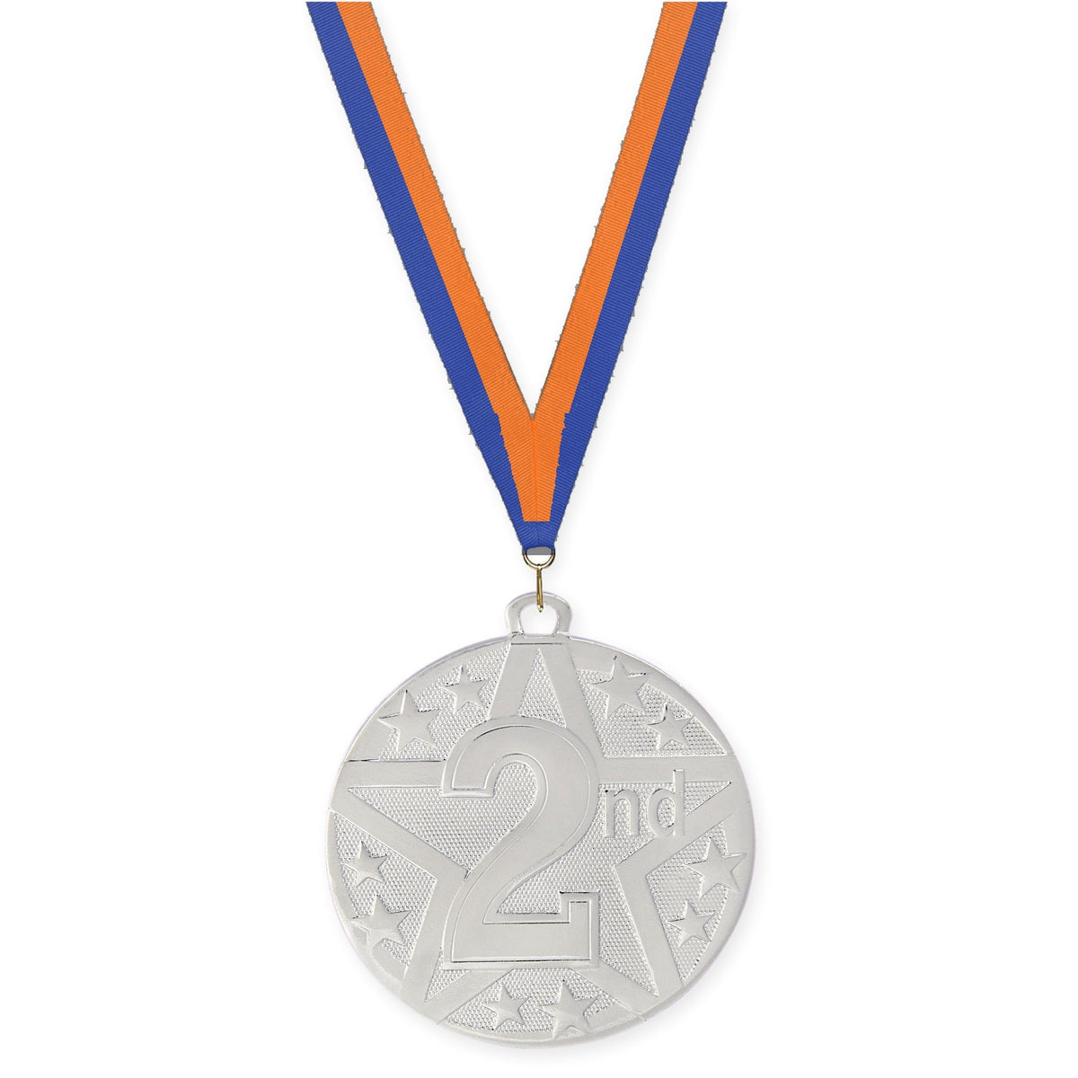 2 inch Place Superstar medal in silver - 2nd place with Blue Orange neck ribbon