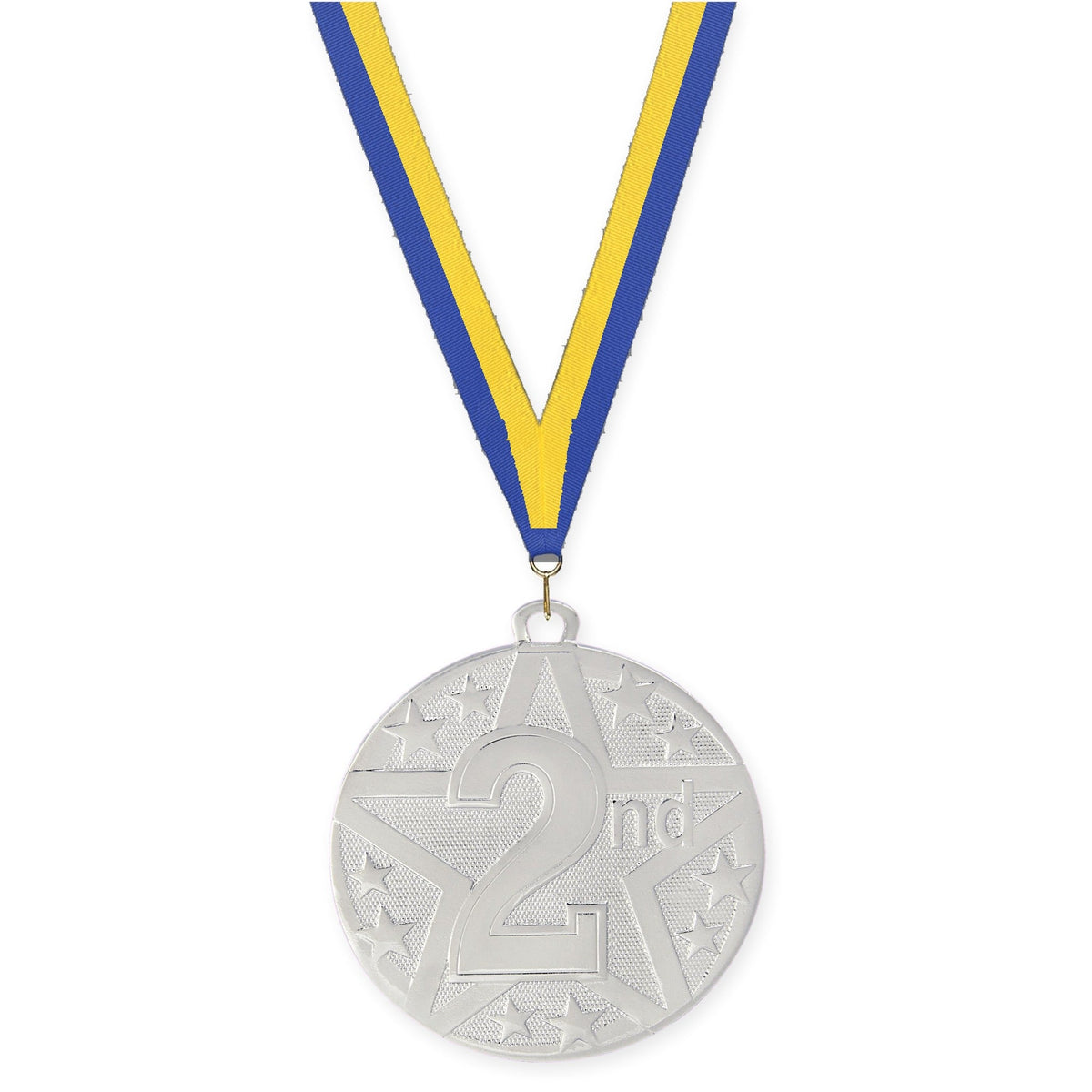 2 inch Place Superstar medal in silver - 2nd place with Blue Yellow neck ribbon