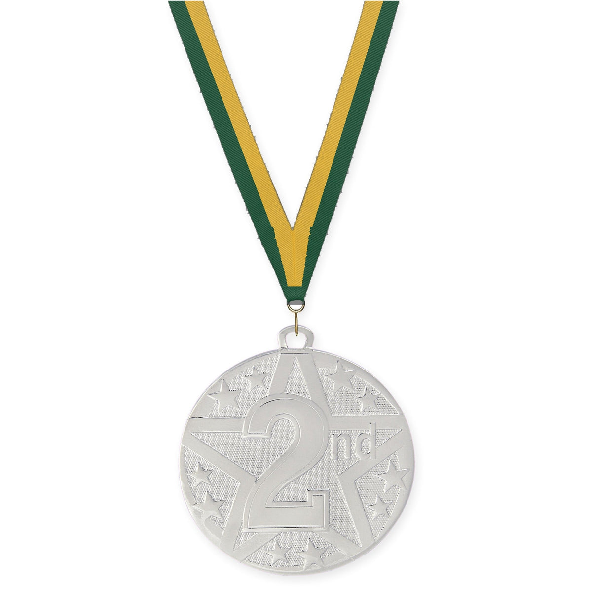 2 inch Place Superstar medal in silver - 2nd place with Hunter Green Gold neck ribbon