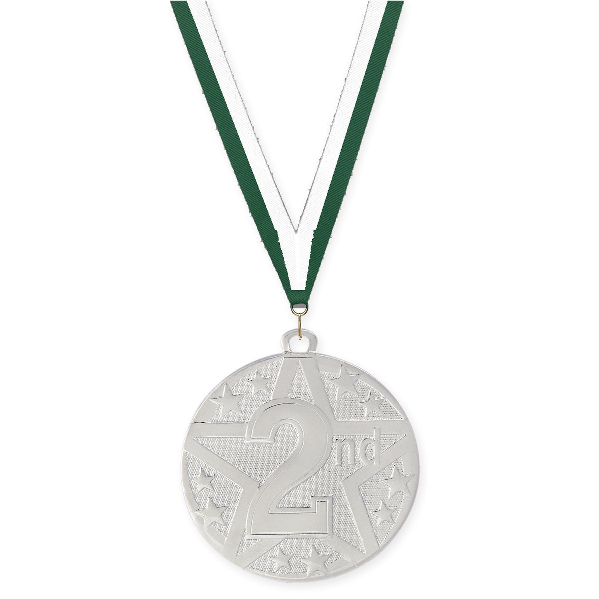 2 inch Place Superstar medal in silver - 2nd place with Hunter Green White neck ribbon