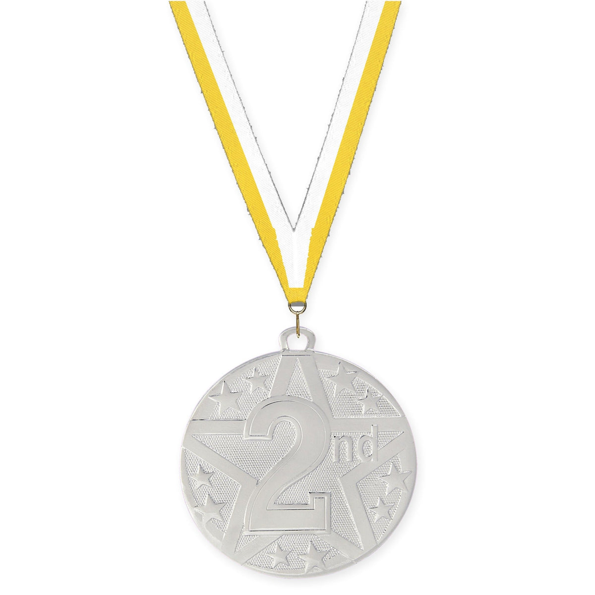 2 inch Place Superstar medal in silver - 2nd place with Yellow White neck ribbon