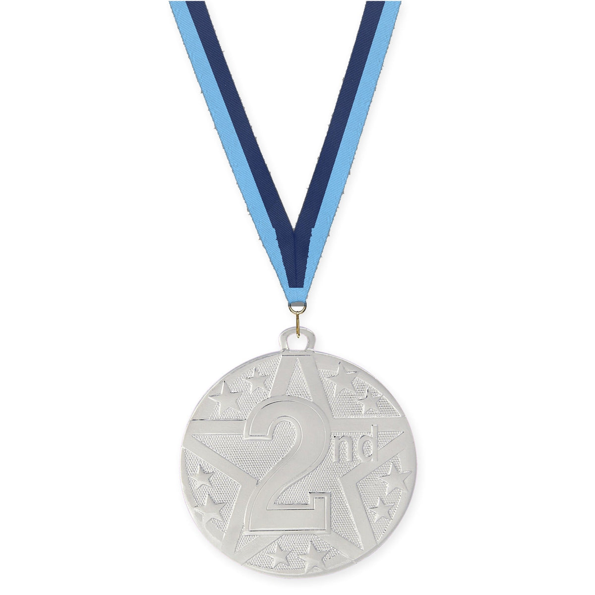 2 inch Place Superstar medal in silver - 2nd place with Light Blue Navy neck ribbon
