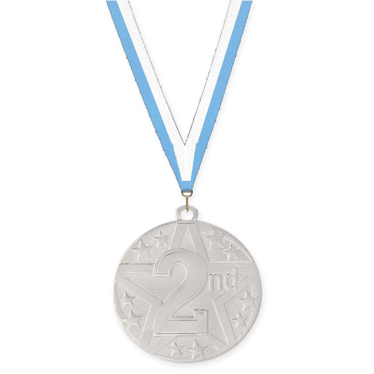 2 inch Place Superstar medal in silver - 2nd place with Light Blue White neck ribbon