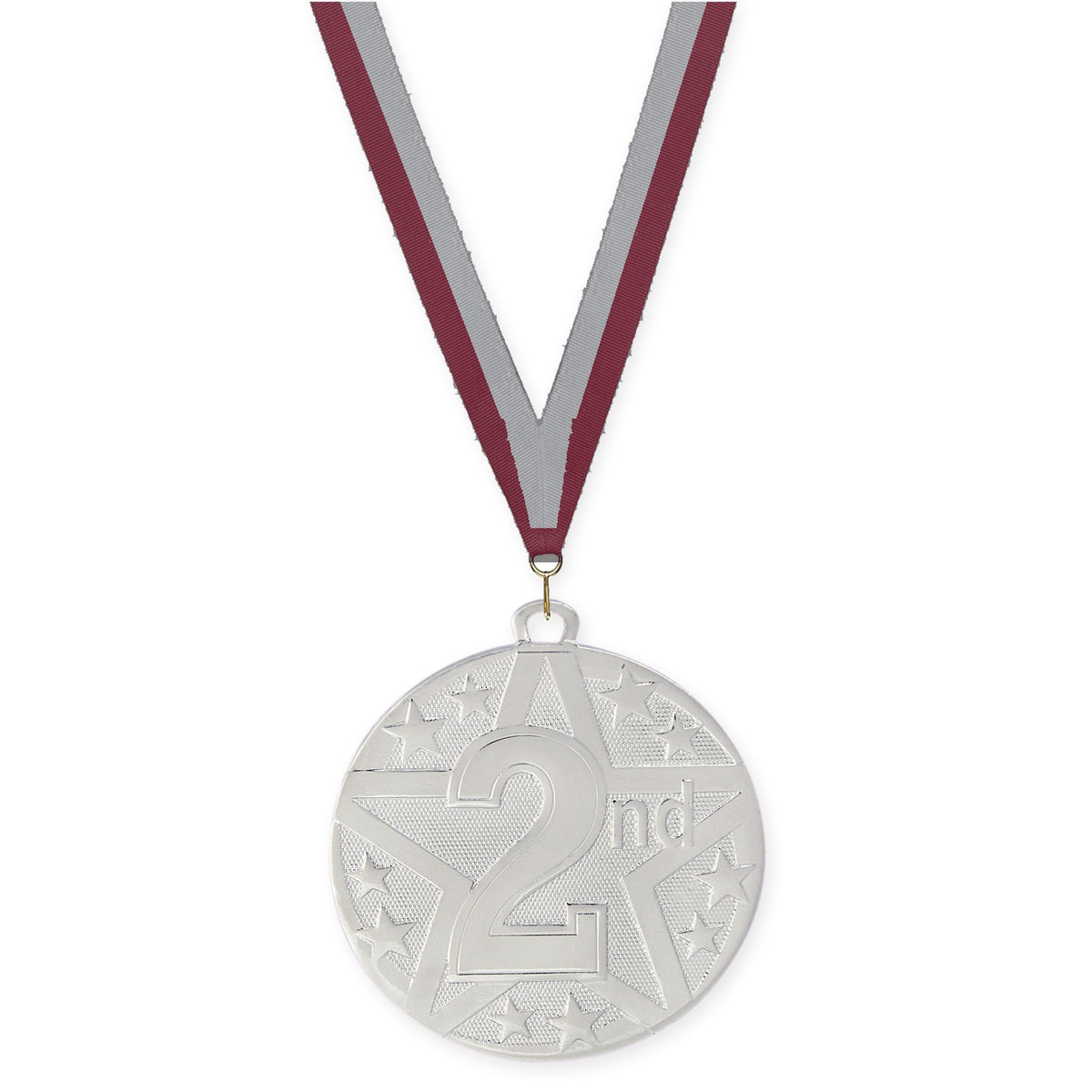 2 inch Place Superstar medal in silver - 2nd place with Maroon Gray neck ribbon