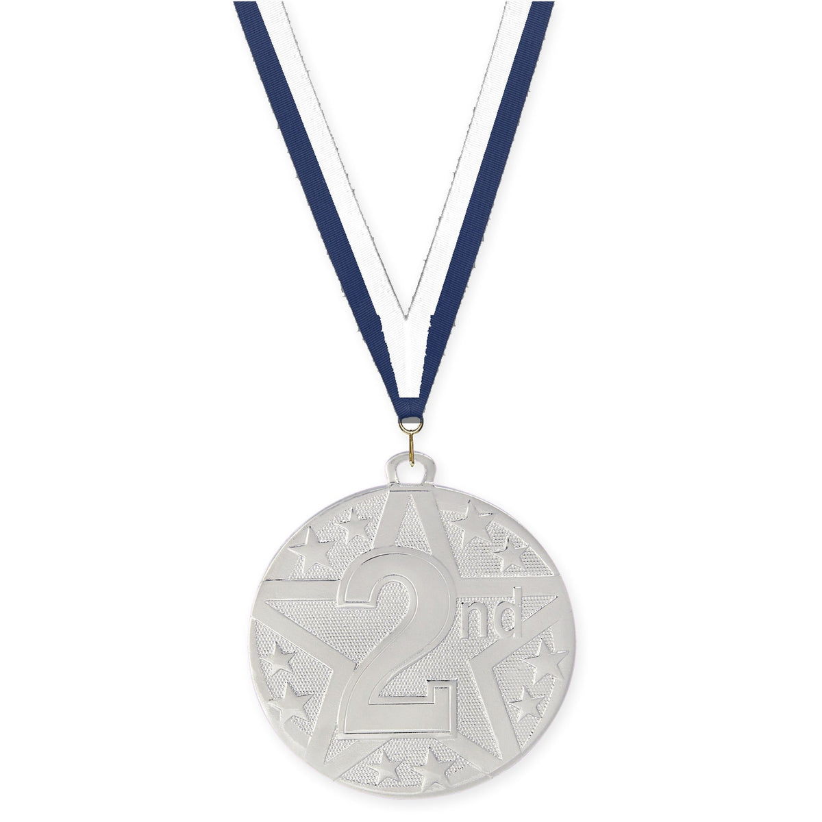 2 inch Place Superstar medal in silver - 2nd place with Navy White neck ribbon
