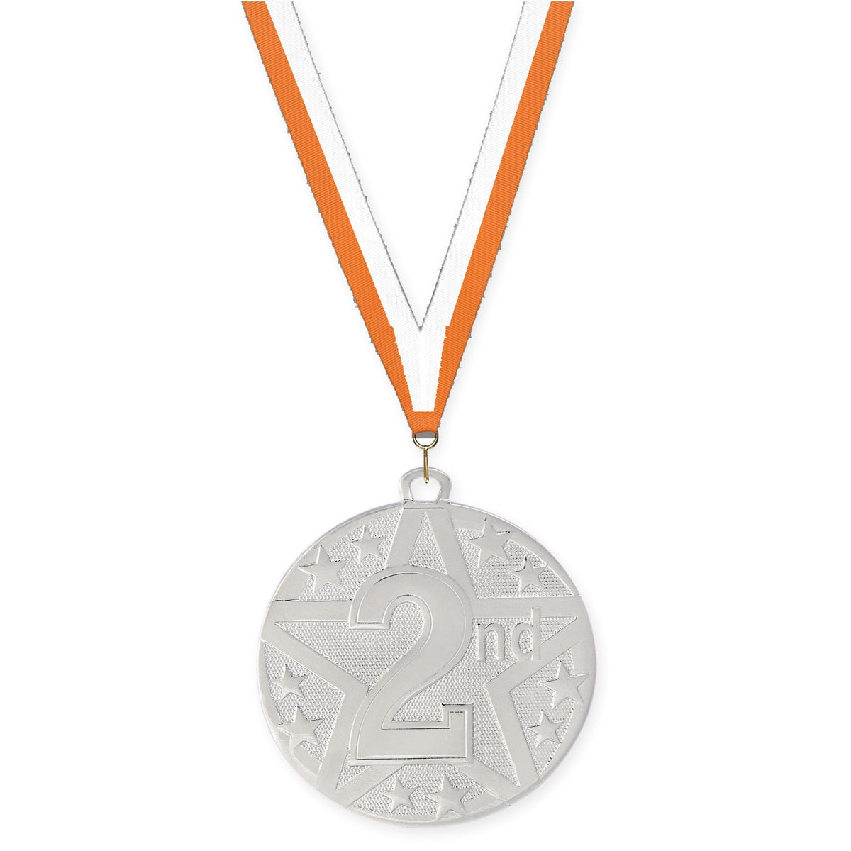 2 inch Place Superstar medal in silver - 2nd place with Orange White neck ribbon