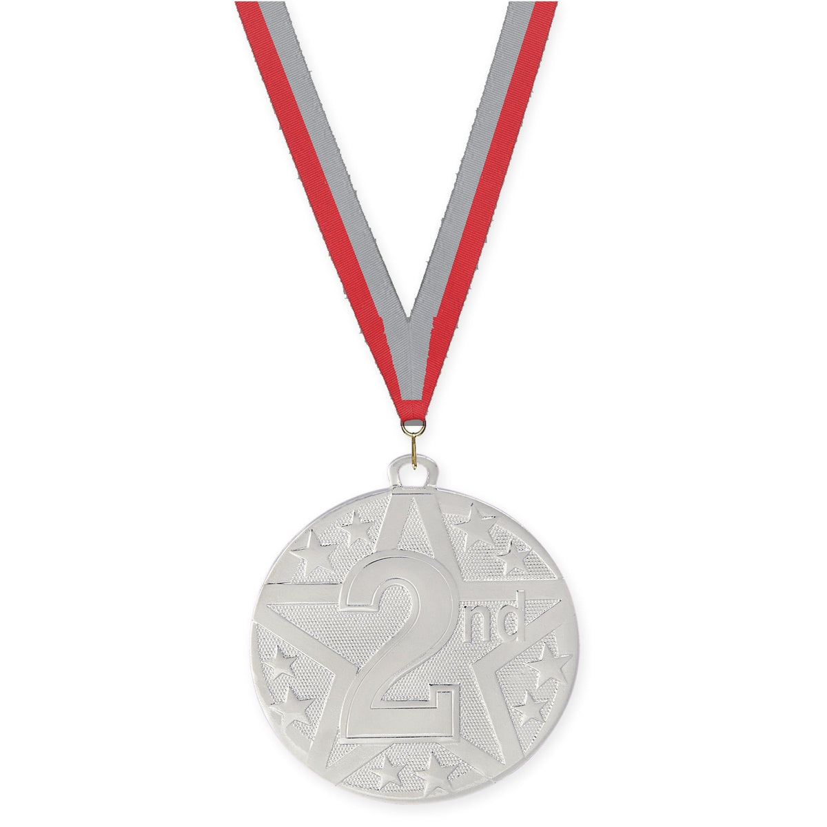 2 inch Place Superstar medal in silver - 2nd place with Red Gray neck ribbon