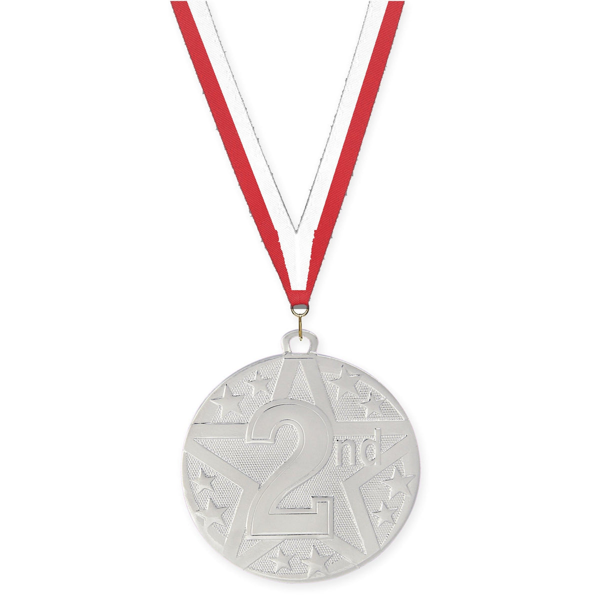 2 inch Place Superstar medal in silver - 2nd place with Red White neck ribbon