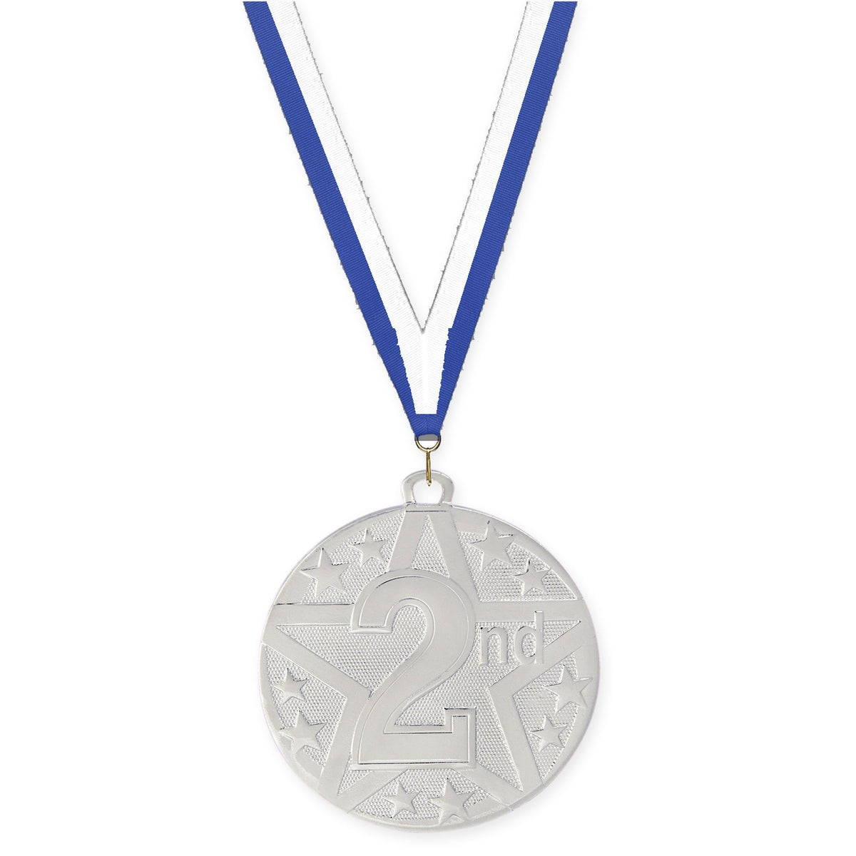 2 inch Place Superstar medal in silver - 2nd place with Blue White neck ribbon