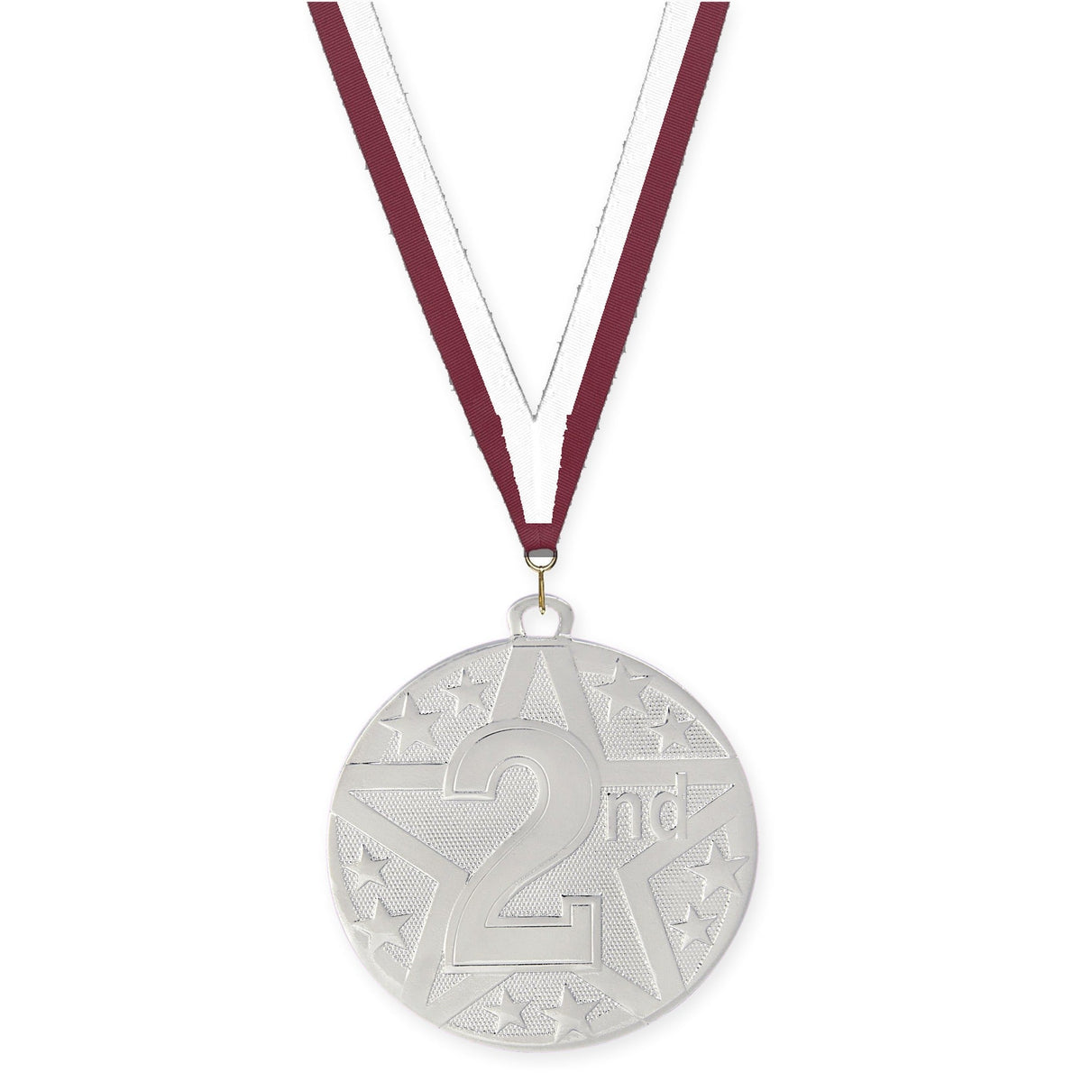 2 inch Place Superstar medal in silver - 2nd place with Maroon White neck ribbon