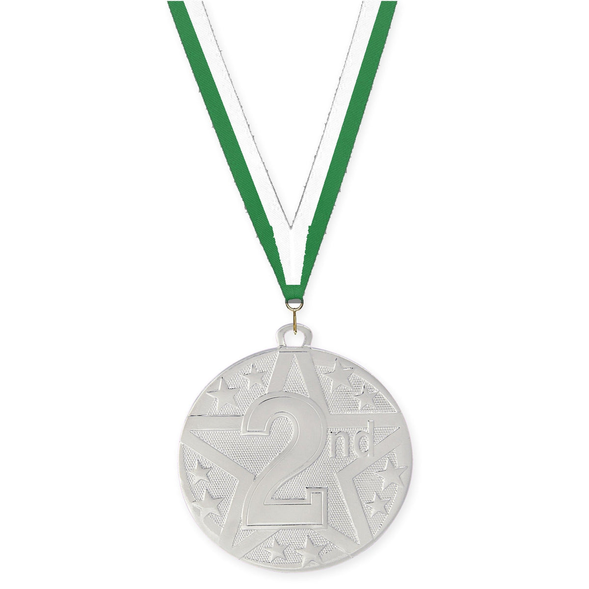 2 inch Place Superstar medal in silver - 2nd place with Green White neck ribbon