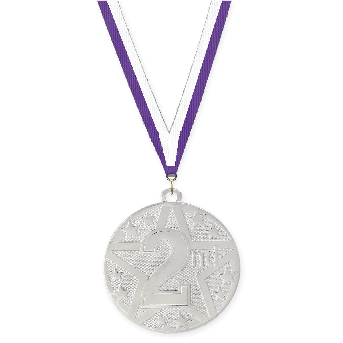 2 inch Place Superstar medal in silver - 2nd place with Purple White neck ribbon