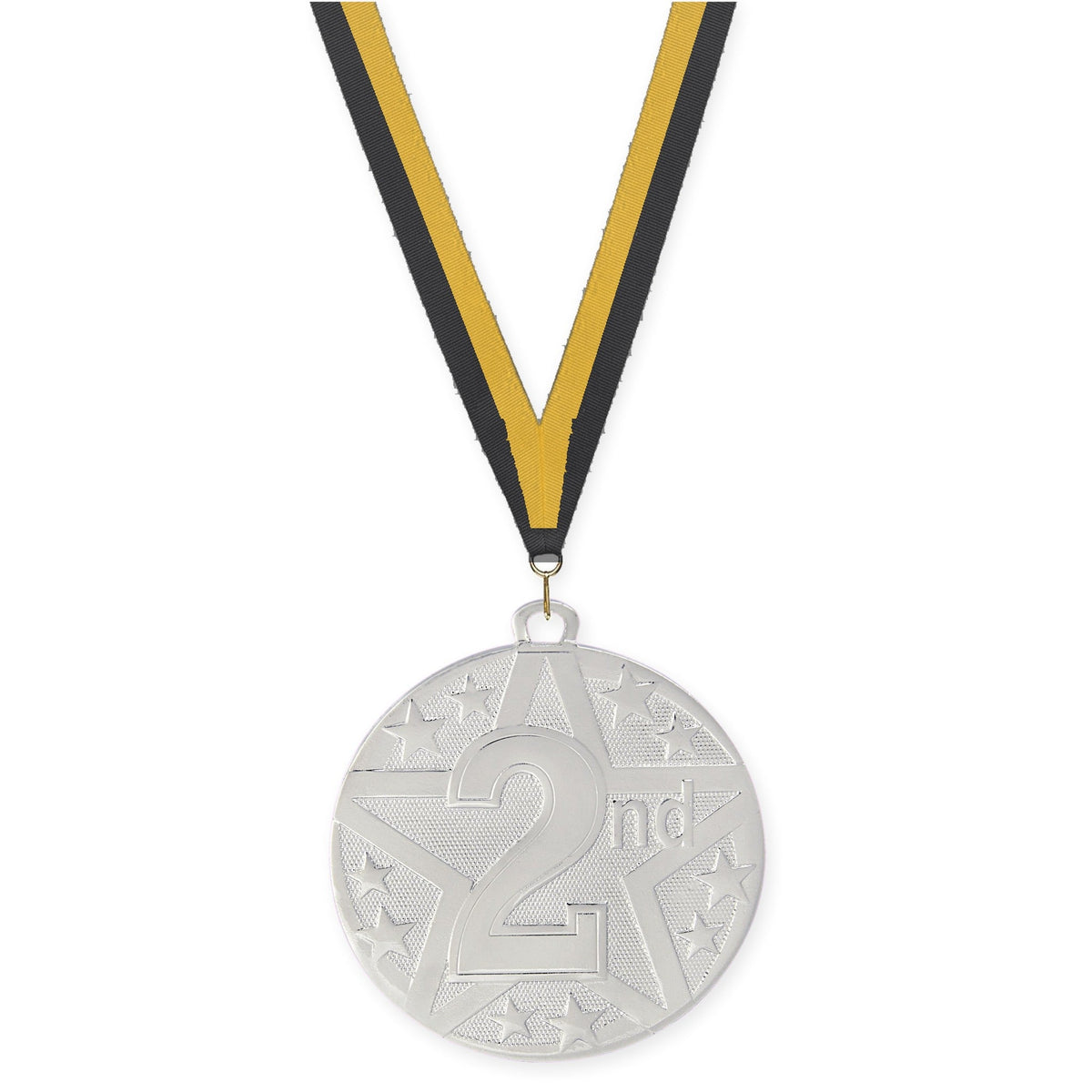 2 inch Place Superstar medal in silver - 2nd place with Black Gold neck ribbon