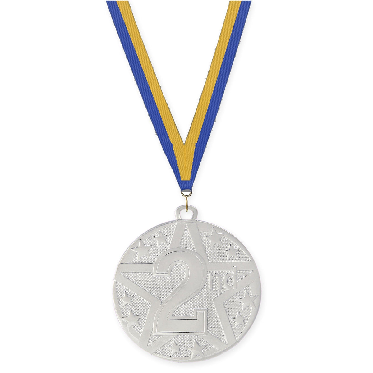 2 inch Place Superstar medal in silver - 2nd place with Blue Gold neck ribbon