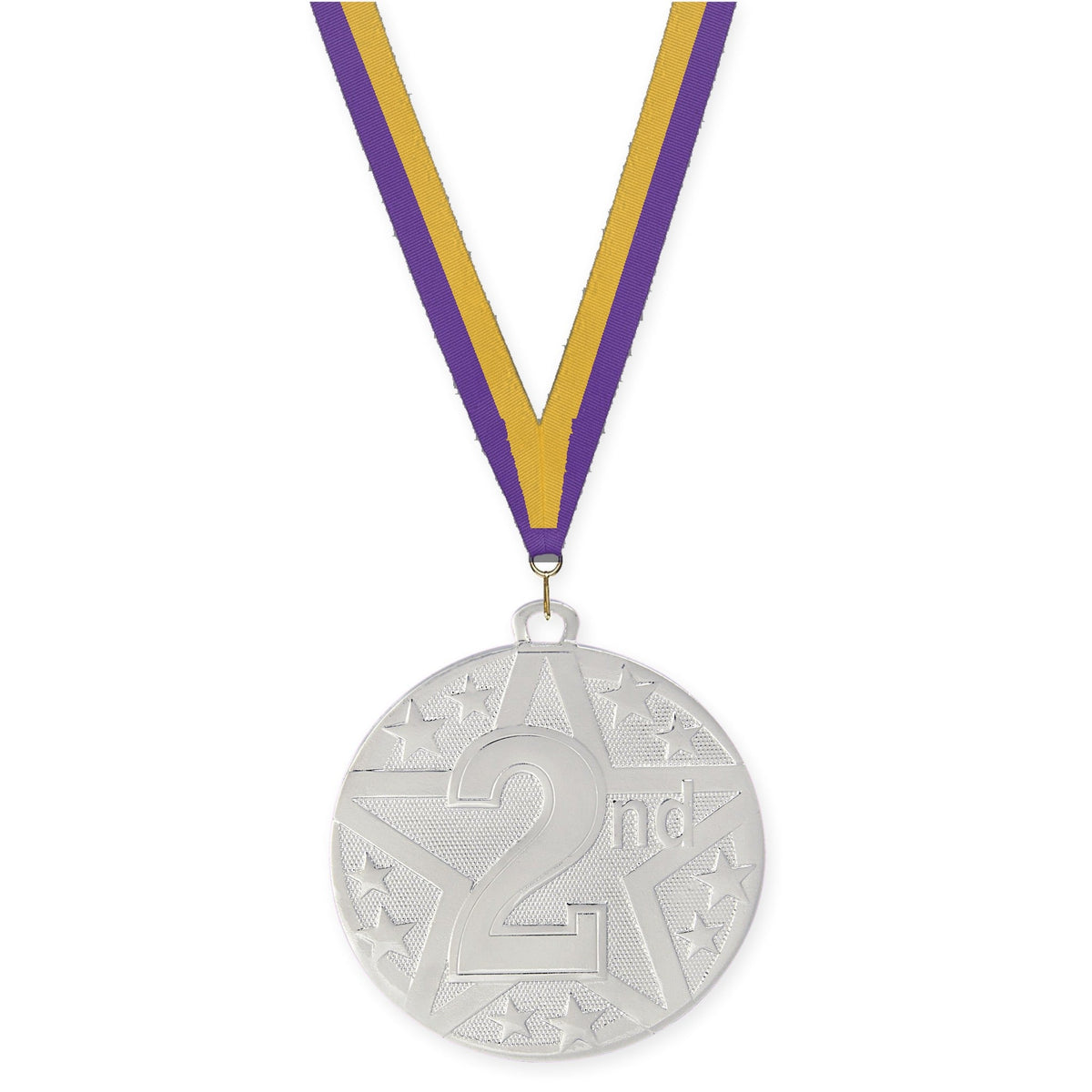 2 inch Place Superstar medal in silver - 2nd place with Purple Gold neck ribbon