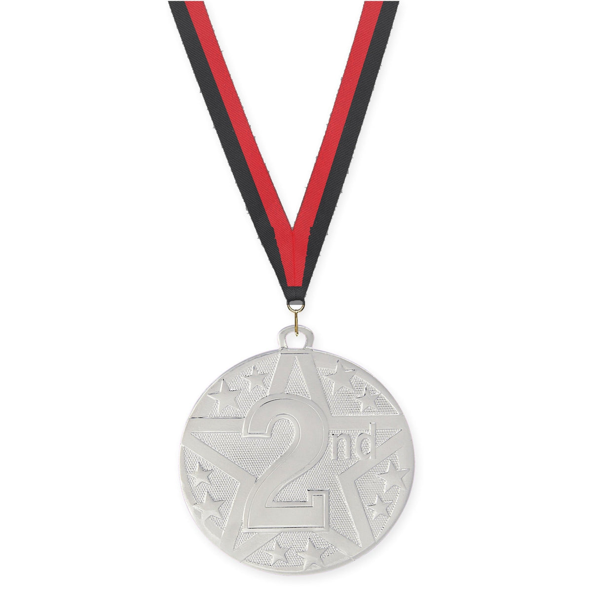 2 inch Place Superstar medal in silver - 2nd place with Black Red neck ribbon