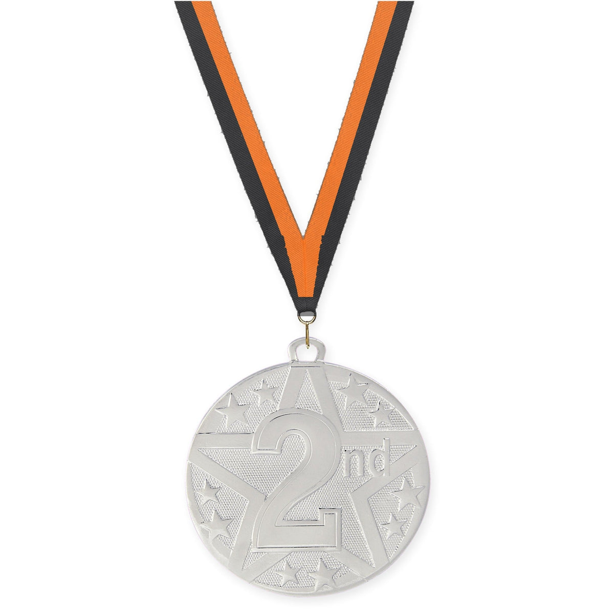 2 inch Place Superstar medal in silver - 2nd place with Black Orange neck ribbon