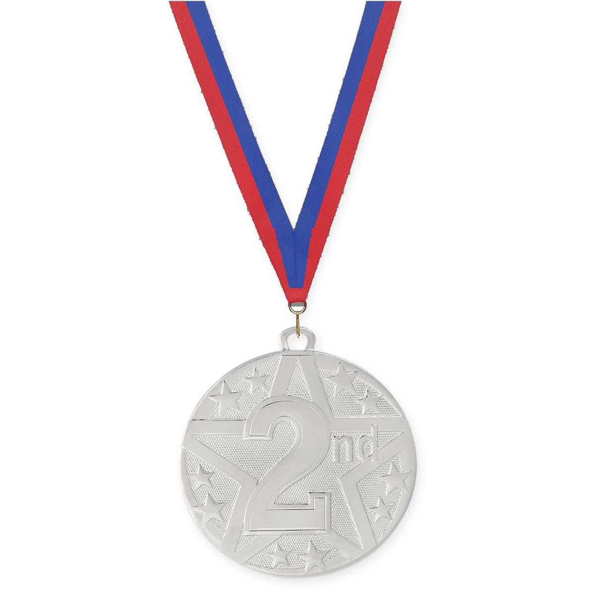 2 inch Place Superstar medal in silver - 2nd place with Blue Red neck ribbon
