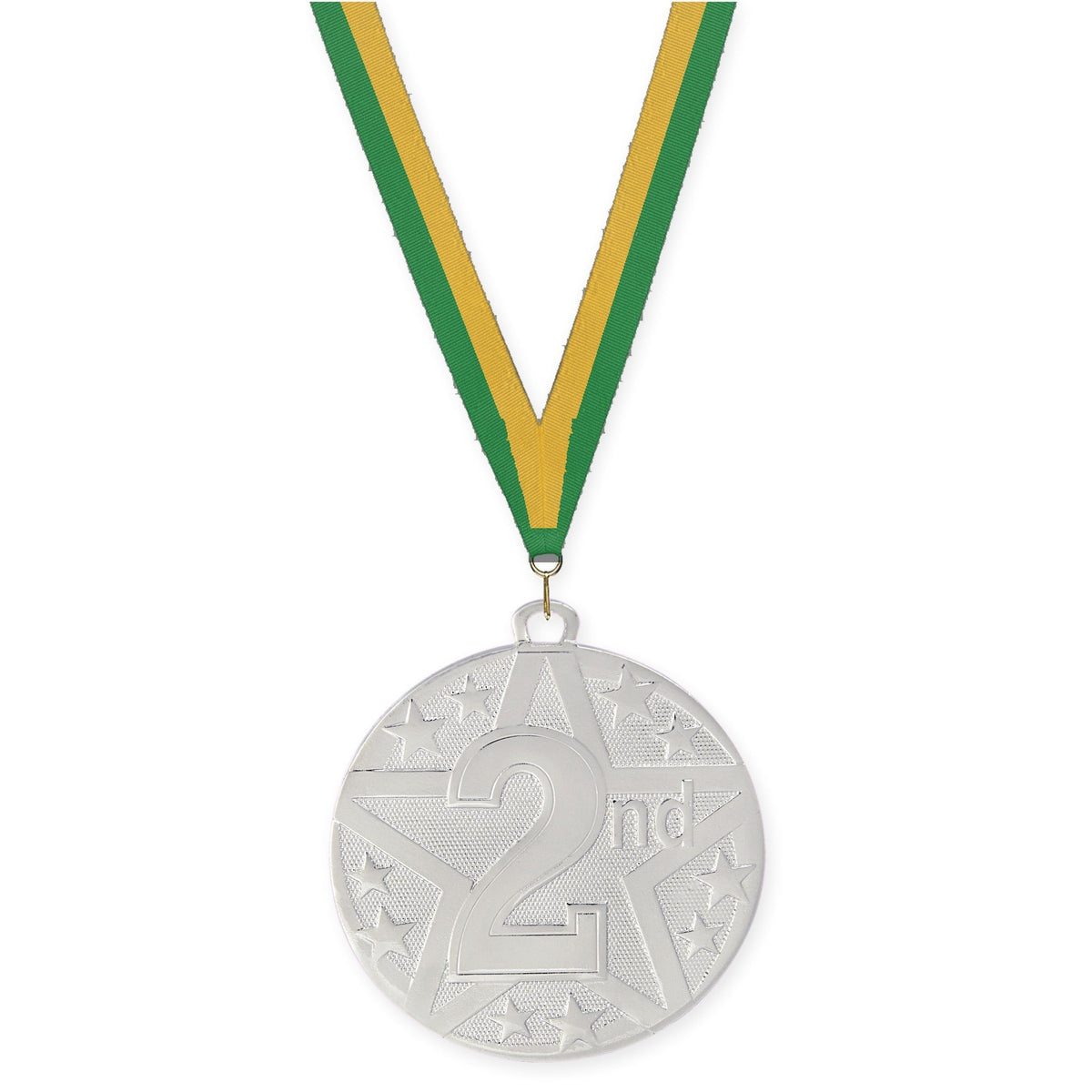 2 inch Place Superstar medal in silver - 2nd place with Green Gold neck ribbon