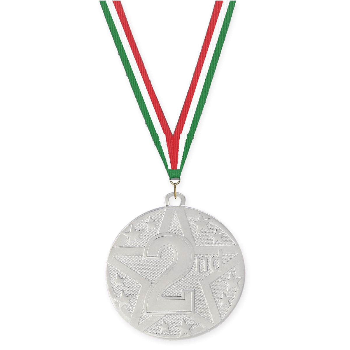 2 inch Place Superstar medal in silver - 2nd place with Green White Red neck ribbon