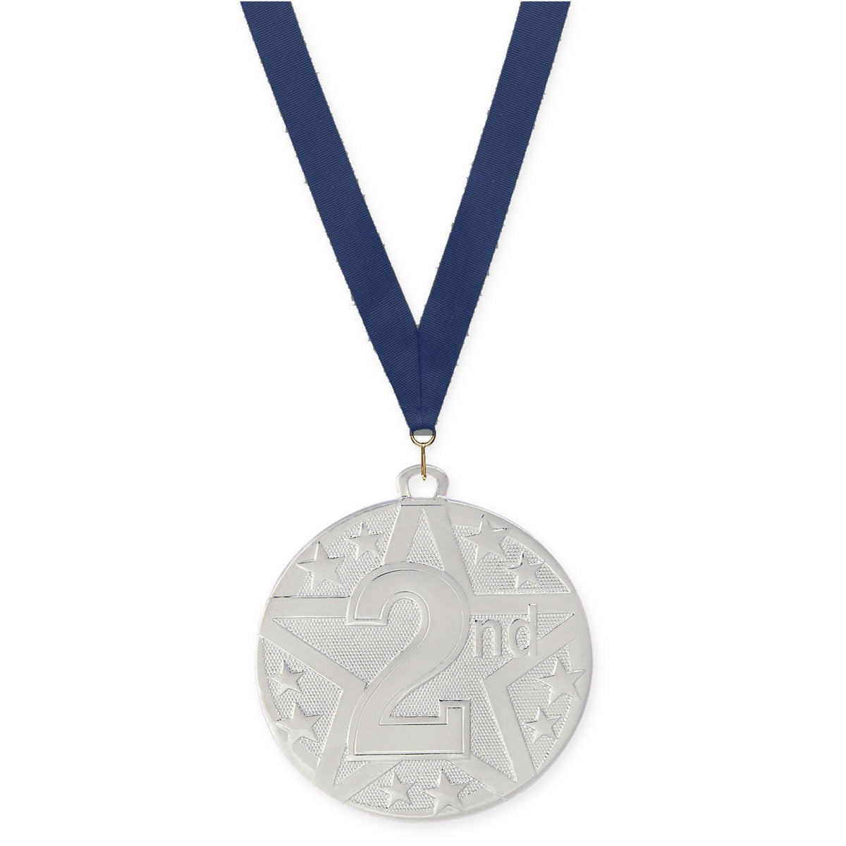 2 inch Place Superstar medal in silver - 2nd place with Navy neck ribbon