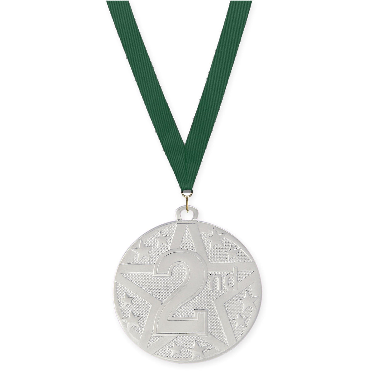 2 inch Place Superstar medal in silver - 2nd place with Hunter Green neck ribbon
