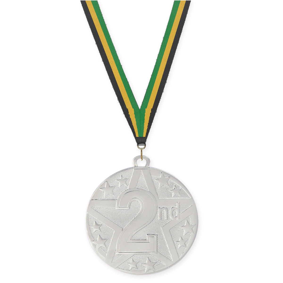 2 inch Place Superstar medal in silver - 2nd place with Black Gold Green neck ribbon