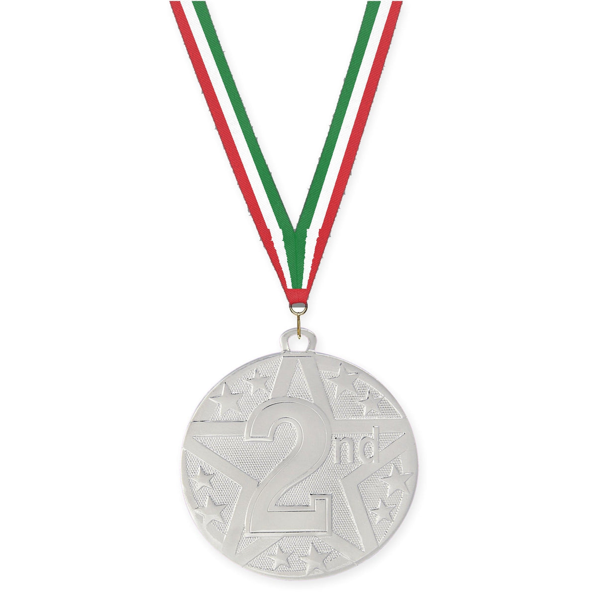 2 inch Place Superstar medal in silver - 2nd place with Red White Green neck ribbon