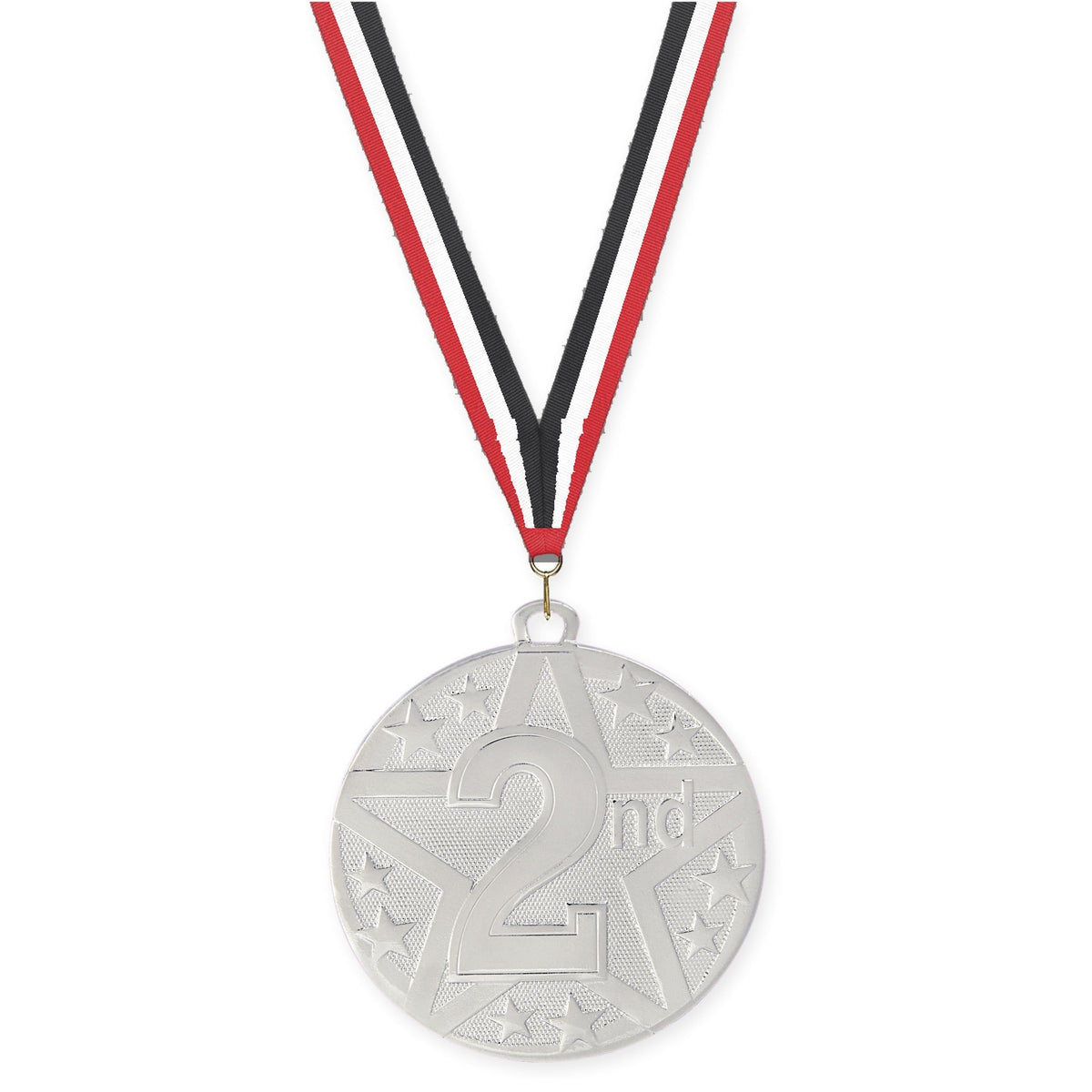 2 inch Place Superstar medal in silver - 2nd place with Red White Black neck ribbon
