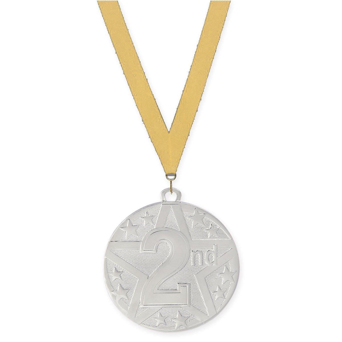 2 inch Place Superstar medal in silver - 2nd place with Gold Metallic neck ribbon