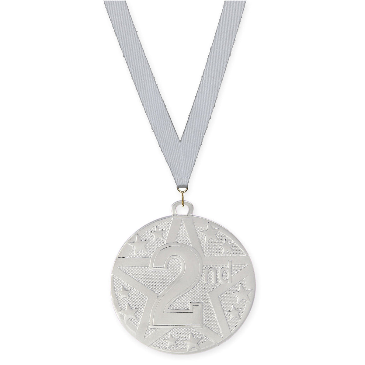 2 inch Place Superstar medal in silver - 2nd place with Silver Metallic neck ribbon