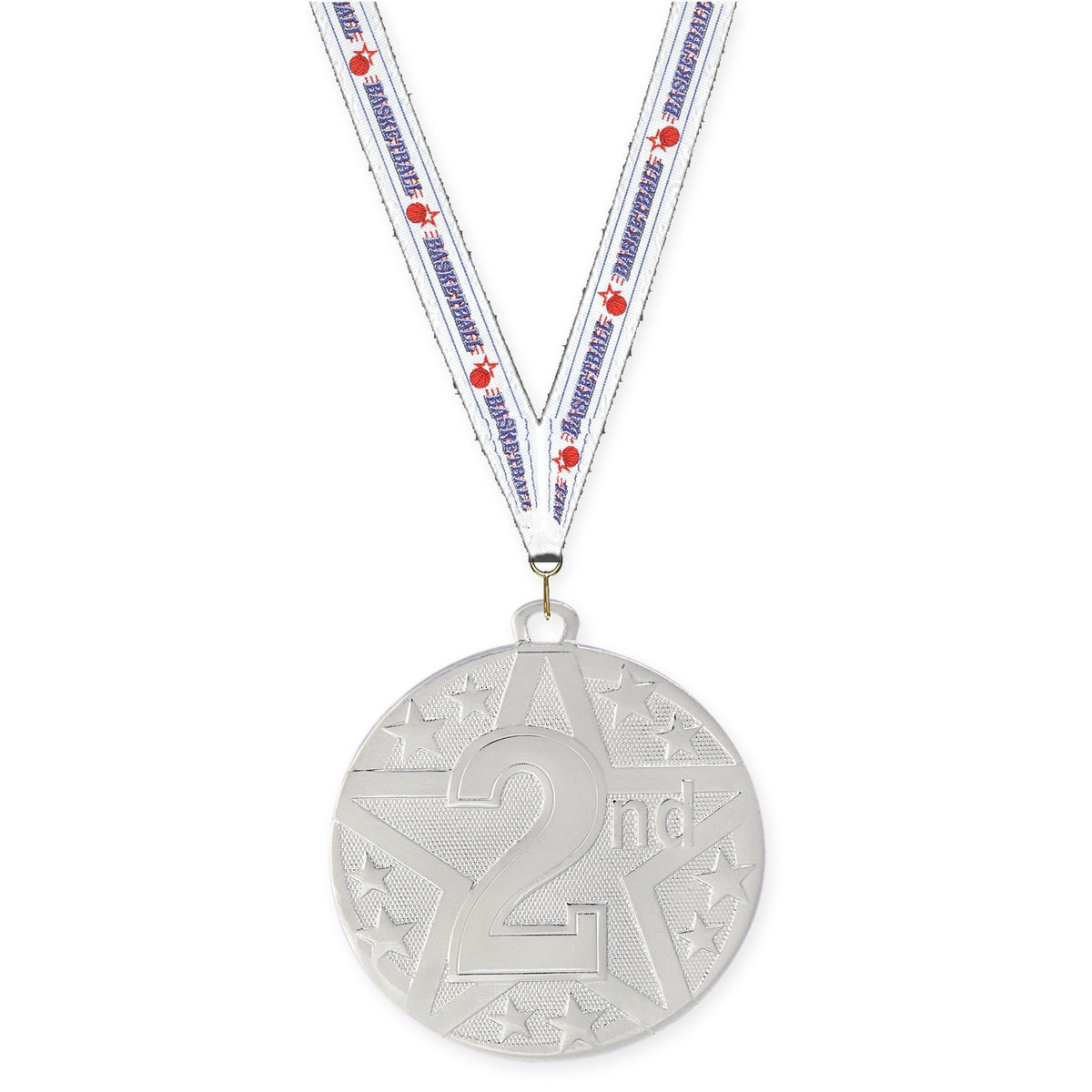 2 inch Place Superstar medal in silver - 2nd place with Basketball neck ribbon