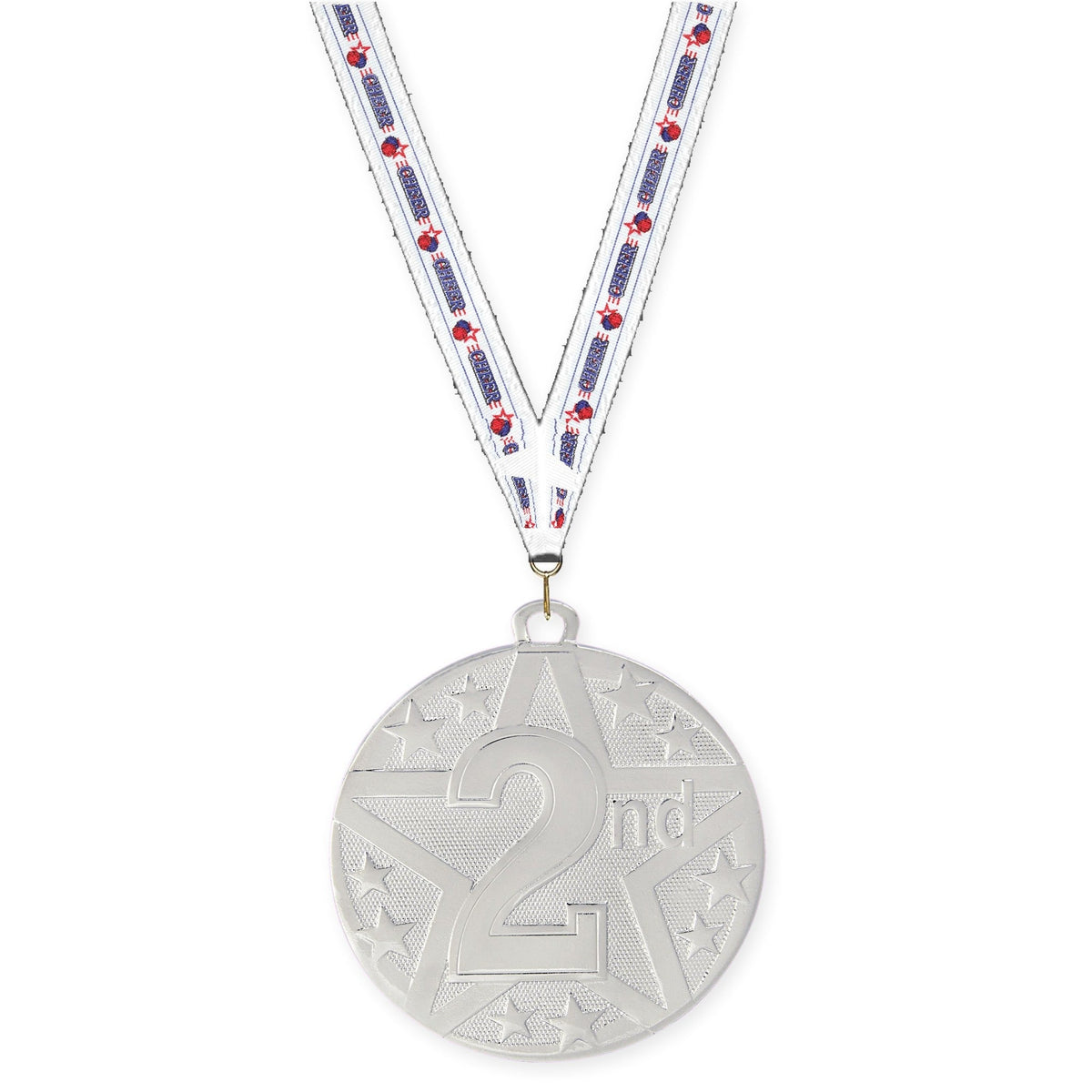 2 inch Place Superstar medal in silver - 2nd place with Cheerleading neck ribbon