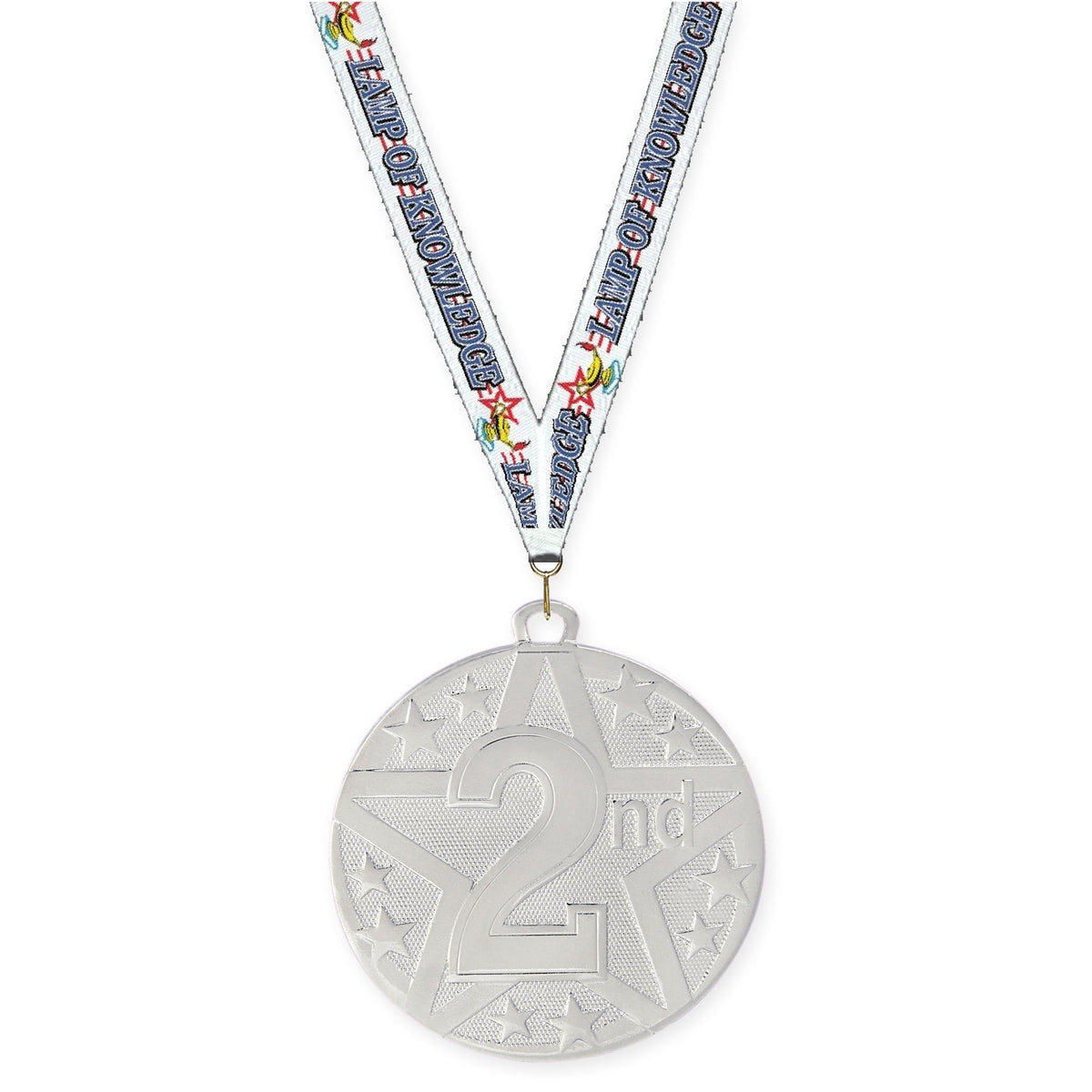 2 inch Place Superstar medal in silver - 2nd place with Lamp Of Knowledge neck ribbon