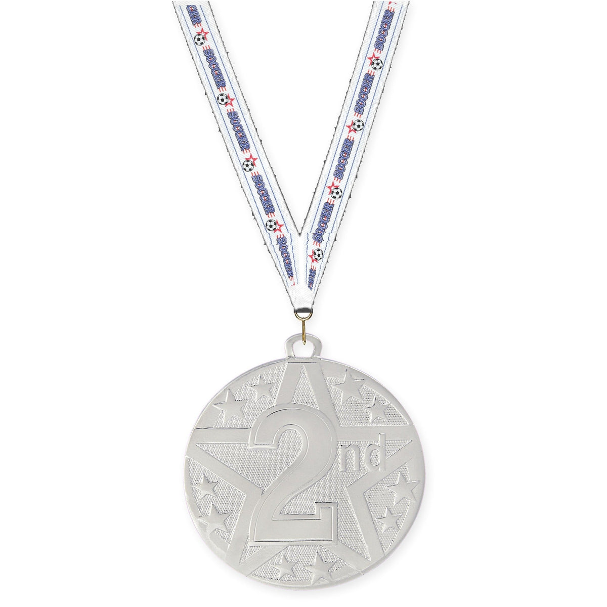 2 inch Place Superstar medal in silver - 2nd place with Soccer neck ribbon