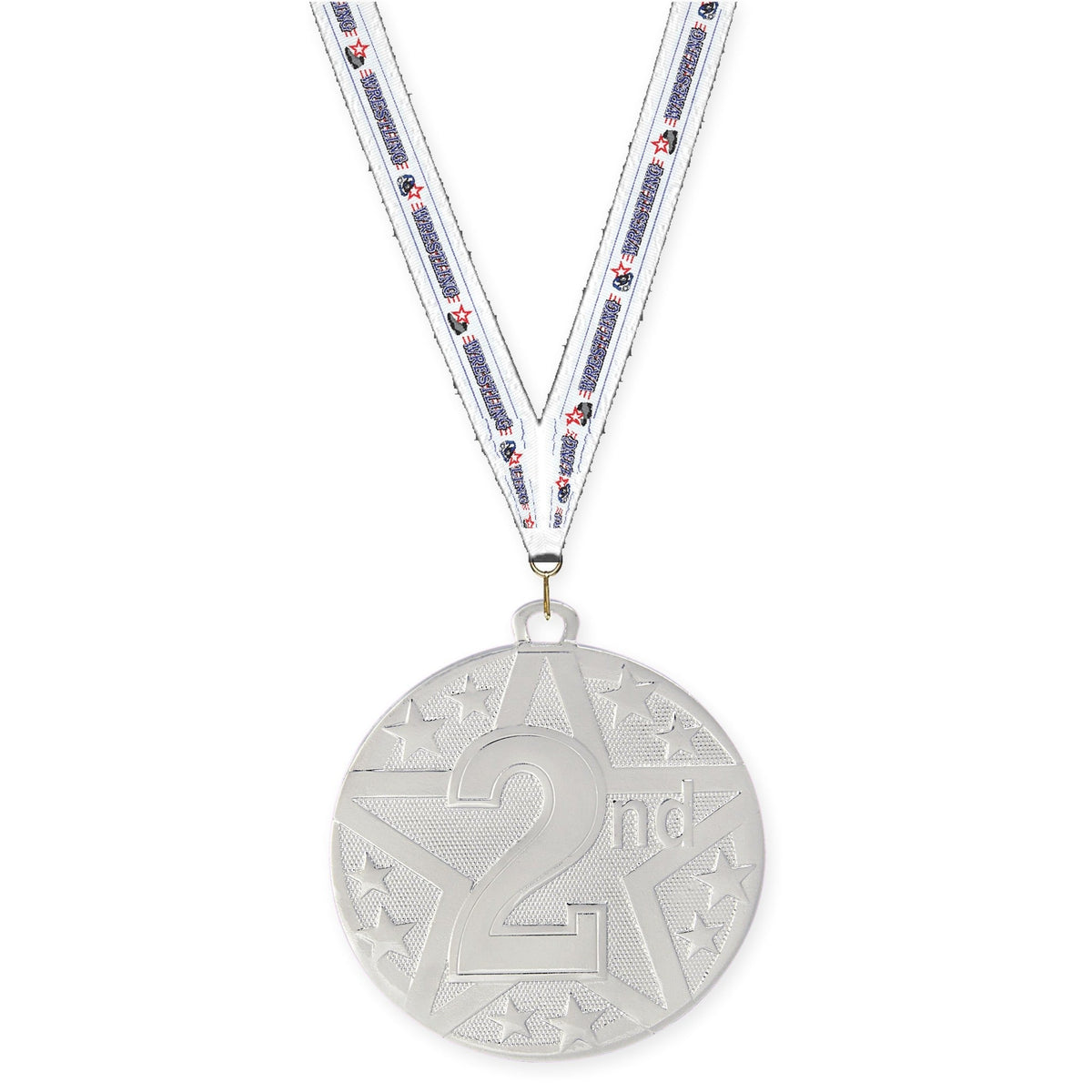 2 inch Place Superstar medal in silver - 2nd place with Wrestling neck ribbon