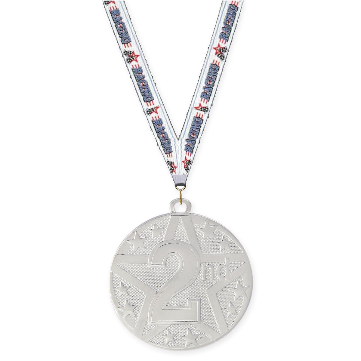 2 inch Place Superstar medal in silver - 2nd place with Auto Racing neck ribbon