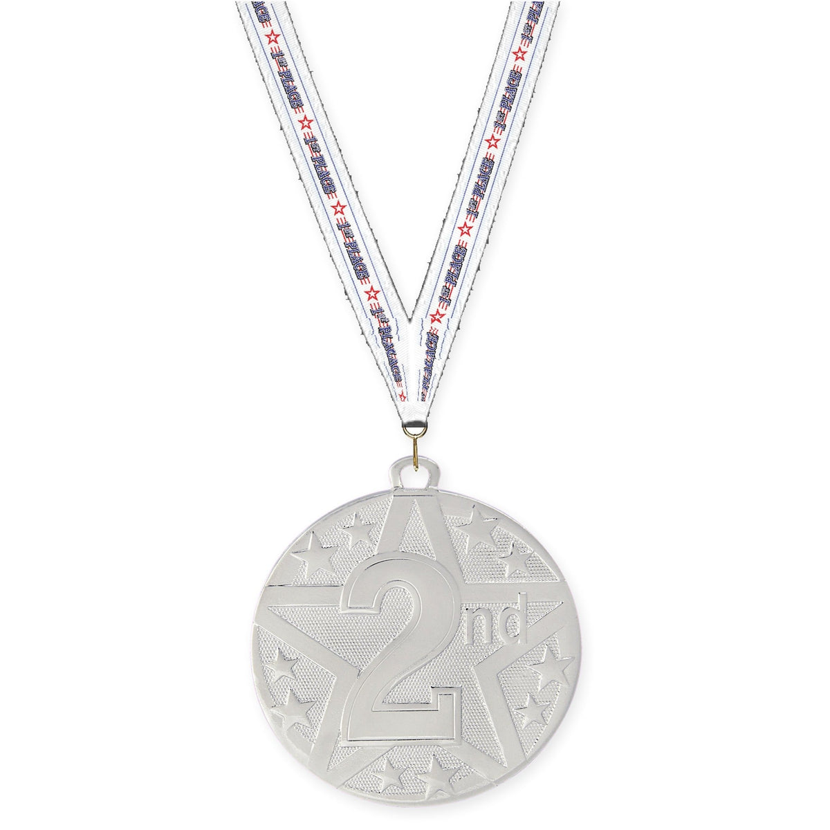 2 inch Place Superstar medal in silver - 2nd place with 1st Place neck ribbon