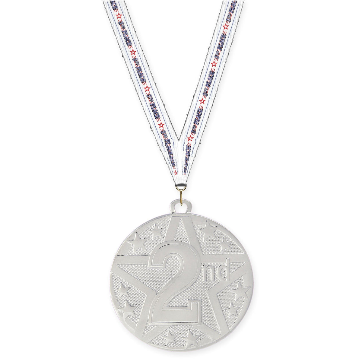 2 inch Place Superstar medal in silver - 2nd place with 3rd Place neck ribbon