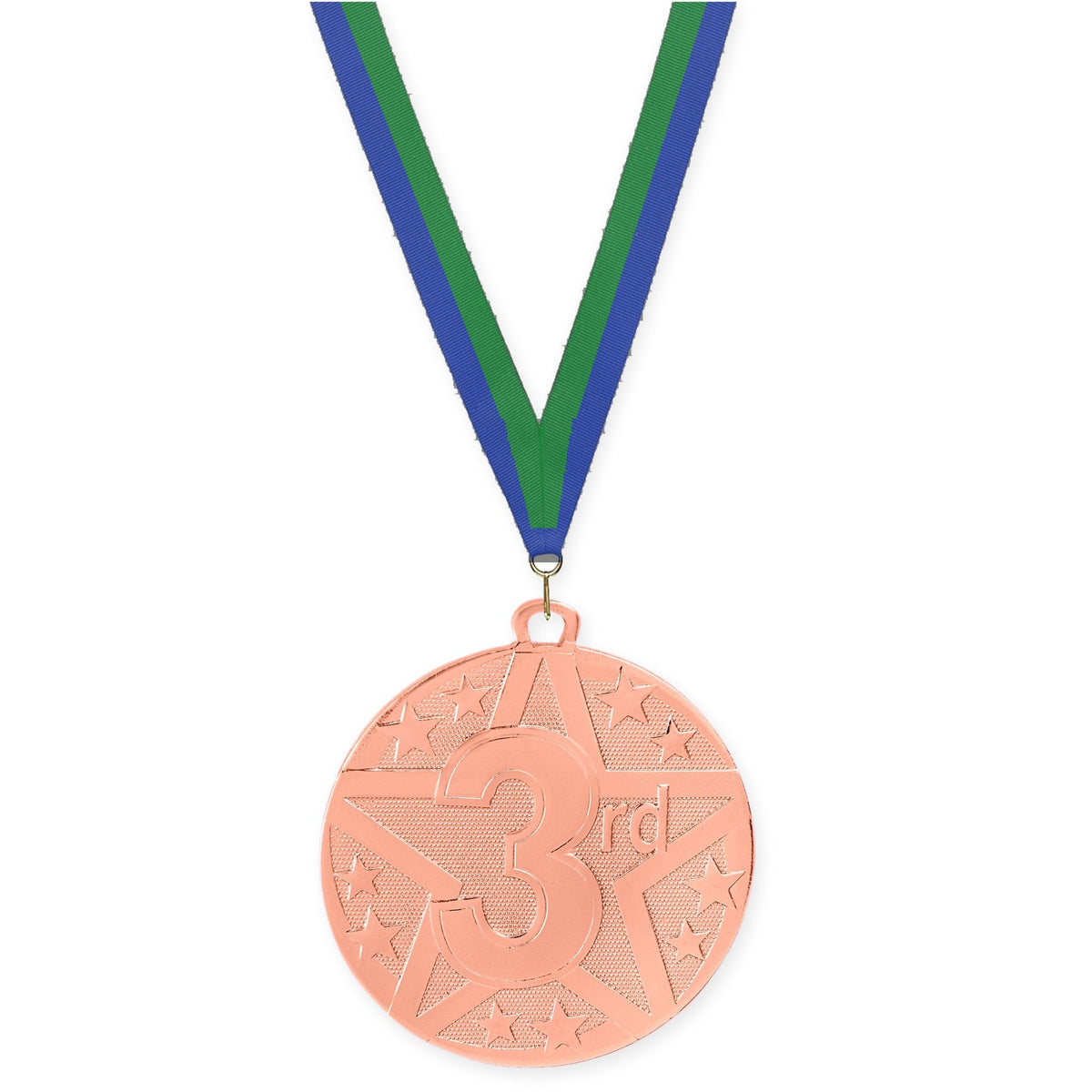 2 inch Place Superstar medal in bronze - 3rd place with Blue Green neck ribbon