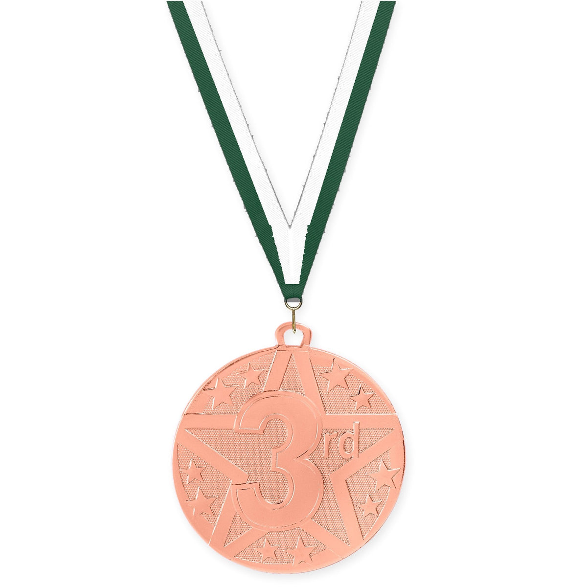 2 inch Place Superstar medal in bronze - 3rd place with Hunter Green White neck ribbon