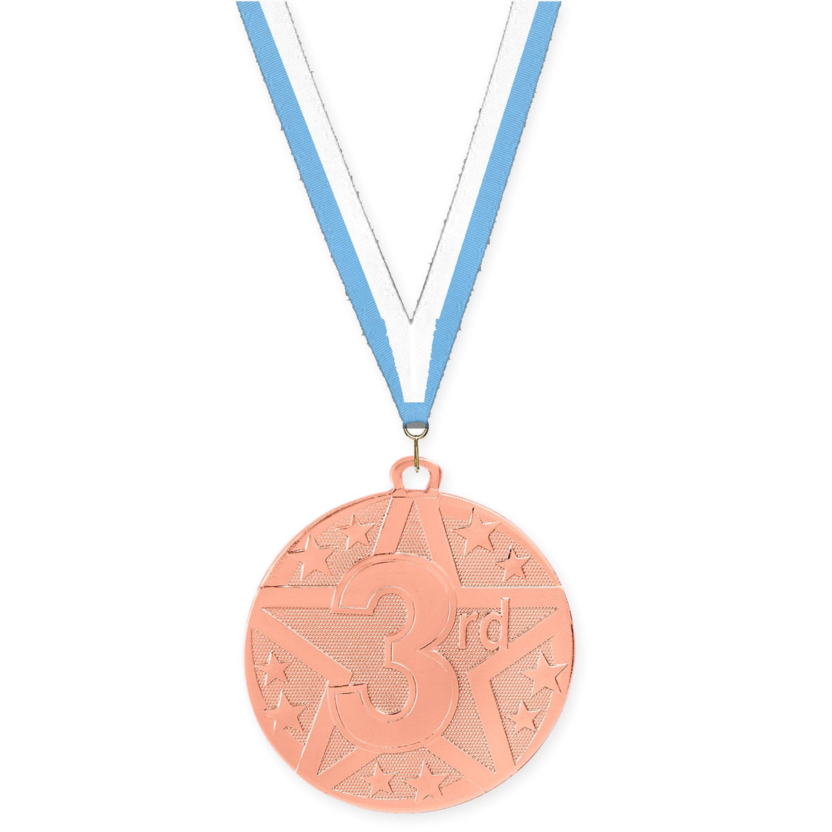 2 inch Place Superstar medal in bronze - 3rd place with Light Blue White neck ribbon