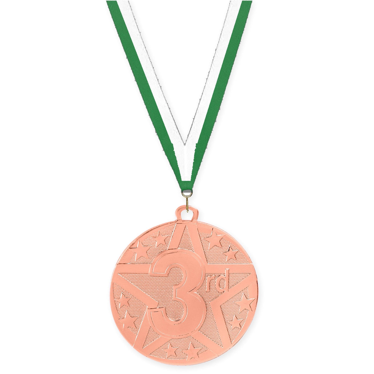 2 inch Place Superstar medal in bronze - 3rd place with Green White neck ribbon