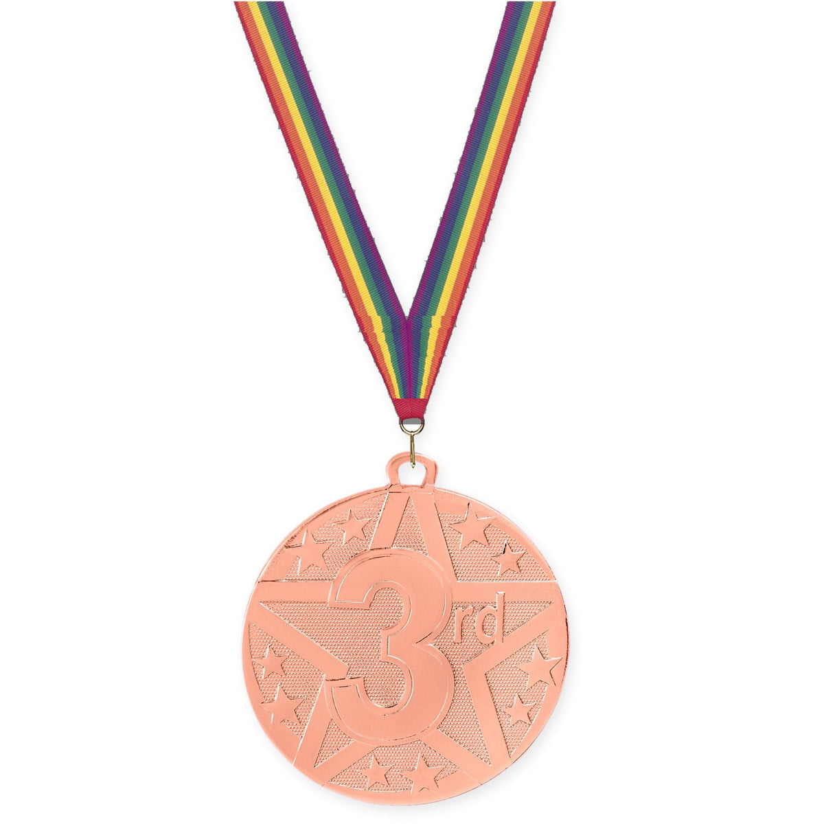 2 inch Place Superstar medal in bronze - 3rd place with Rainbow neck ribbon