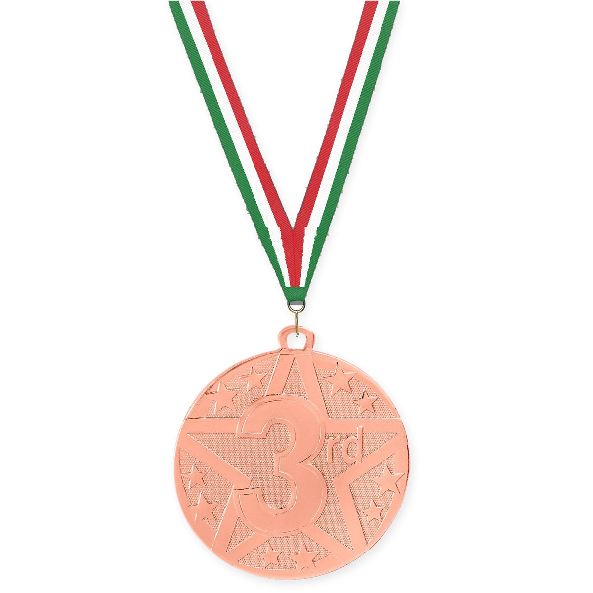 2 inch Place Superstar medal in bronze - 3rd place with Green White Red neck ribbon