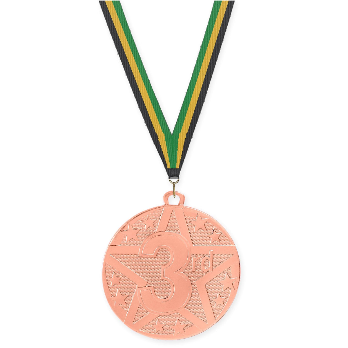 2 inch Place Superstar medal in bronze - 3rd place with Black Gold Green neck ribbon