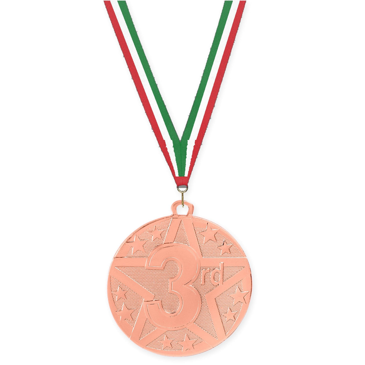 2 inch Place Superstar medal in bronze - 3rd place with Red White Green neck ribbon