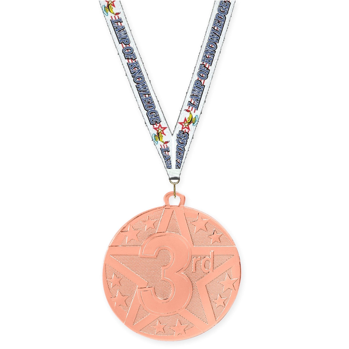 2 inch Place Superstar medal in bronze - 3rd place with Lamp Of Knowledge neck ribbon