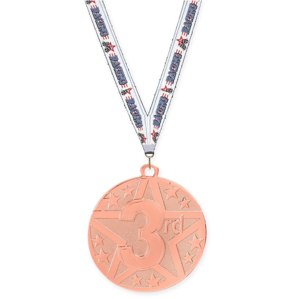 2 inch Place Superstar medal in bronze - 3rd place with Auto Racing neck ribbon