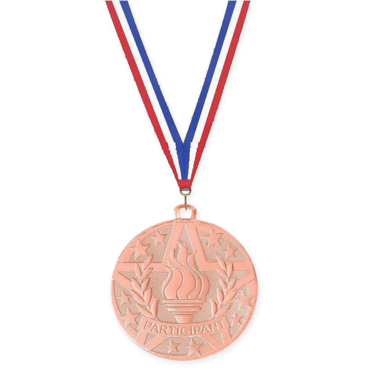 2 inch Participant Superstar medal in bronze with Red White Blue neck ribbon